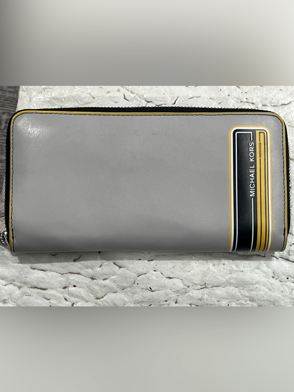 Michael Kors Gray Zip-Around Tech Wallet Yellow Black Stripe Accent